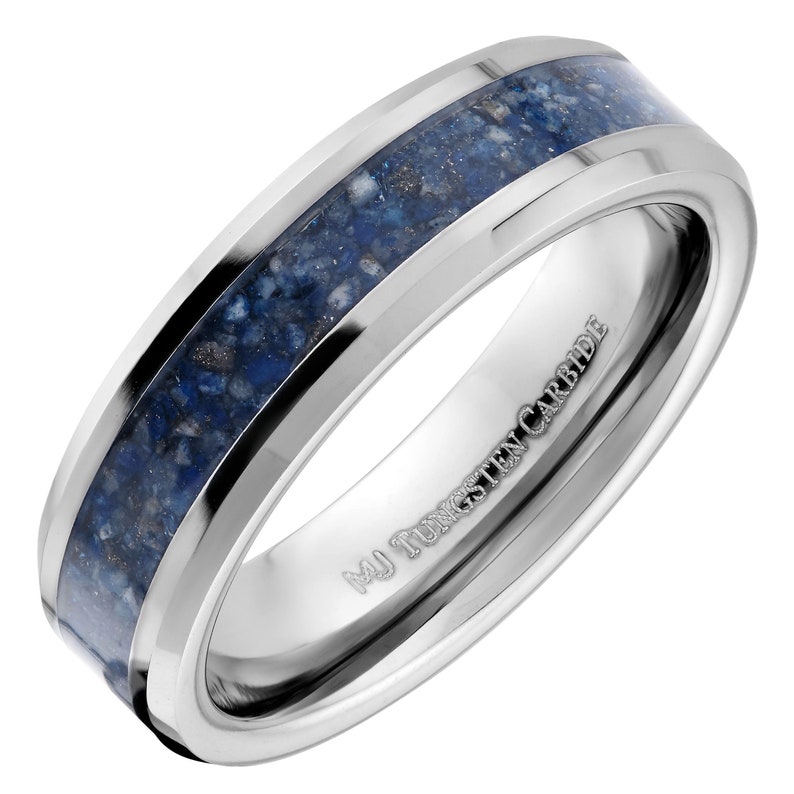 Tungsten Carbide Ring Lapis Lazuli inlay 4mm, 6mm or 8mm comfort fit Wedding band Beautiful Blue color 6mm