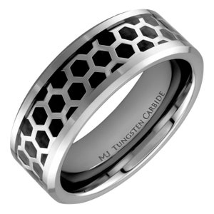 Tungsten Carbide Ring Hexagon over Black Carbon Fiber inlay Wedding Band 6mm or 8mm Comfort Fit FREE LASER ENGRAVING image 7