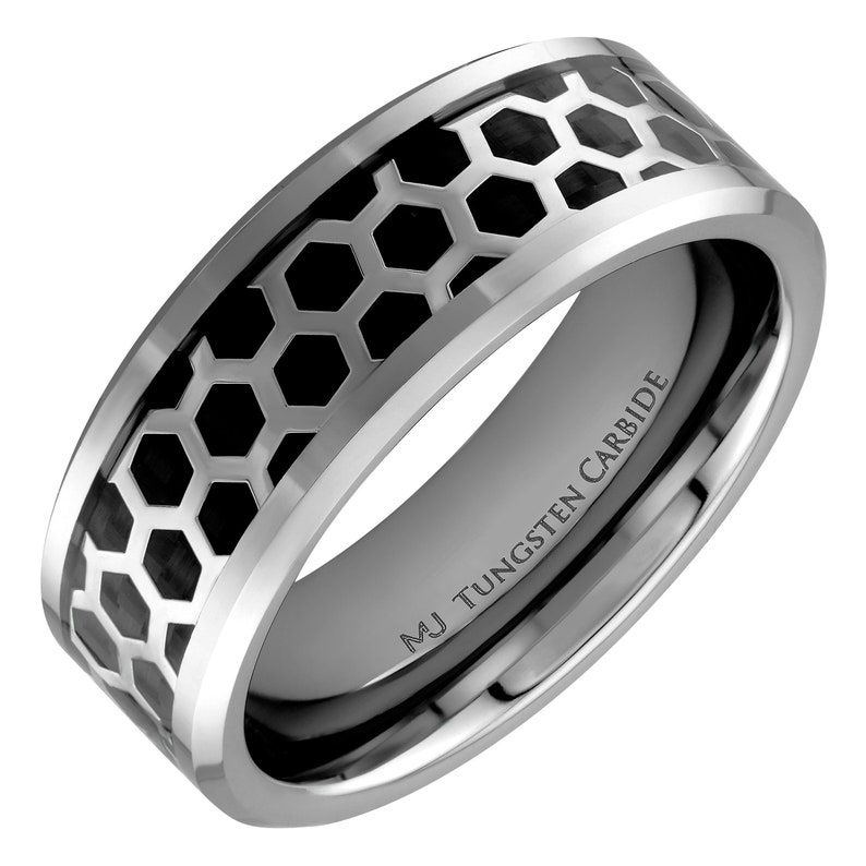 Tungsten Carbide Ring Hexagon over Black Carbon Fiber inlay Wedding Band 6mm or 8mm Comfort Fit FREE LASER ENGRAVING image 7