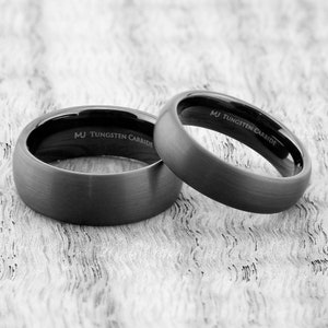 6mm or 8mm Black Plated Tungsten Carbide Wedding Band Ring. Brushed Half Domed Design.  FREE LASER ENGRAVING