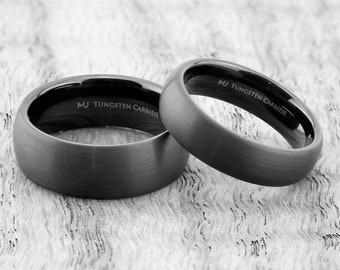 6mm or 8mm Black Plated Tungsten Carbide Wedding Band Ring. Brushed Half Domed Design.  FREE LASER ENGRAVING