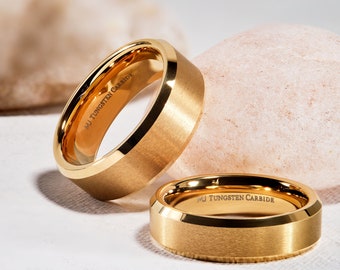 6mm or 8mm Brushed Gold Plated Tungsten Carbide Band Ring. Select from Flat or Grooved Center or Black Plated Band Design