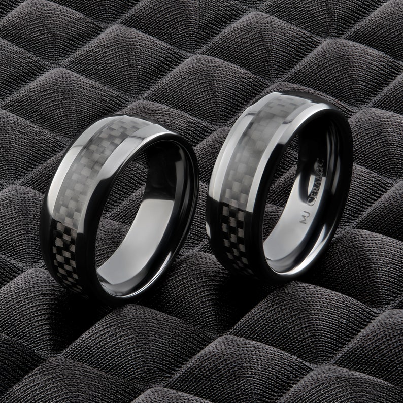 8mm Black Ceramic Carbon Fiber Wedding Band Comfort Fit Ring Flat with Recessed edges or half Dome style image 2