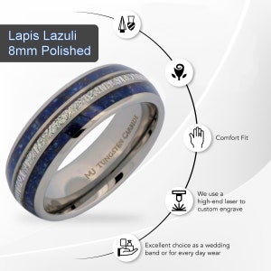 Tungsten Carbide 8mm Wedding Band Polished or Black Plated Finish with Lapis Lazuli and Faux Meteorite Inlay. FREE LASER ENGRAVING image 5