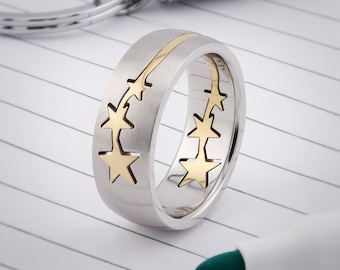 Stainless Steel Gold Stars Puzzle Ring 2 parts 8mm Brushed ring polished stars