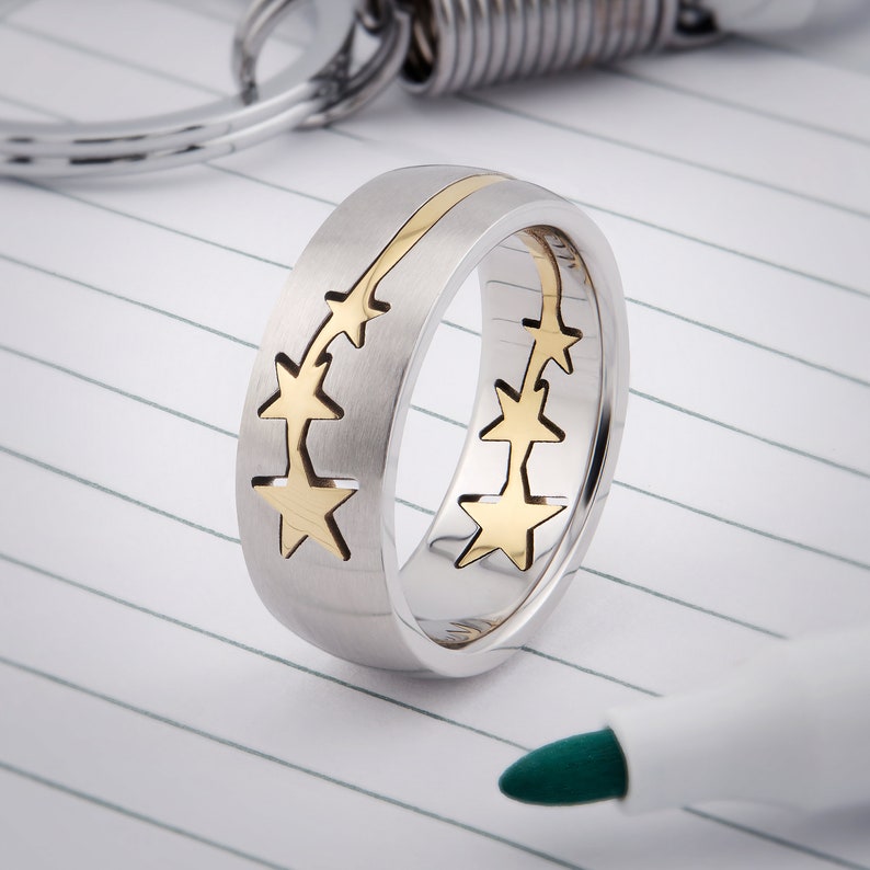 Stainless Steel Gold Stars Puzzle Ring 2 parts 8mm Brushed ring polished stars image 1