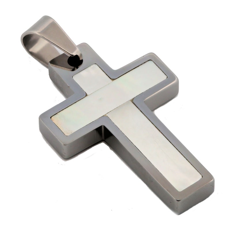 Tungsten Carbide Stone or Shell Inlay Cross Pendant Necklace Stainless Steel Cuban Chain. Free laser engraving. image 6