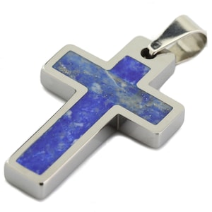 Tungsten Carbide Stone or Shell Inlay Cross Pendant Necklace Stainless Steel Cuban Chain. Free laser engraving. Lapis Lazuli