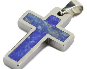 Tungsten Carbide Stone or Shell Inlay Cross Pendant Necklace Stainless Steel Cuban Chain. Free laser engraving.