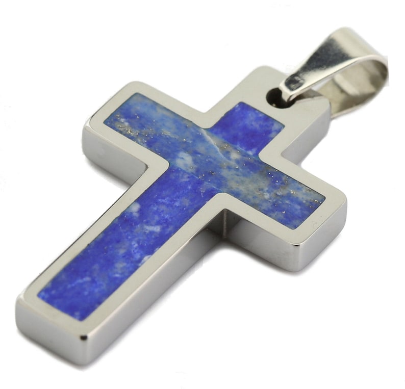 Tungsten Carbide Stone or Shell Inlay Cross Pendant Necklace Stainless Steel Cuban Chain. Free laser engraving. Lapis Lazuli