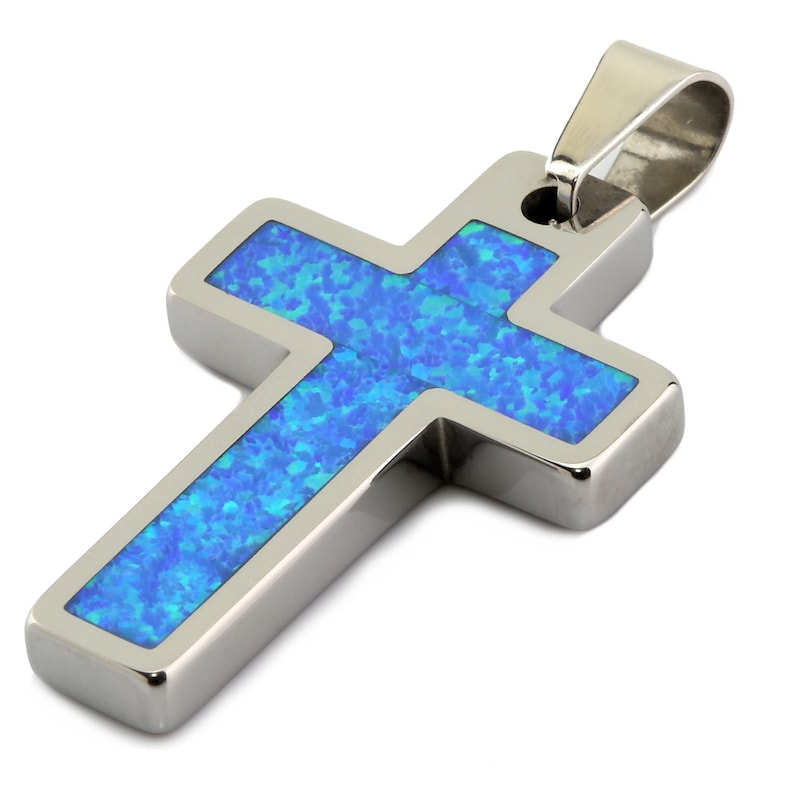 Tungsten Carbide Stone or Shell Inlay Cross Pendant Necklace Stainless Steel Cuban Chain. Free laser engraving. Opal