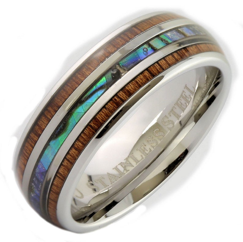 Stainless Steel Black Plated or Polished 6mm or 8mm Real Koa Wood and Abalone Inlay. FREE LASER ENGRAVING Polished 8mm