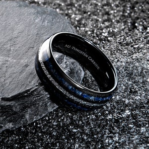 Tungsten Carbide 8mm Wedding Band Polished or Black Plated Finish with Lapis Lazuli and Faux Meteorite Inlay. FREE LASER ENGRAVING image 3