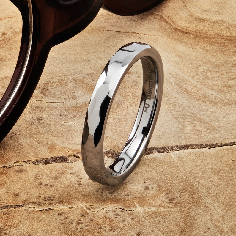 Polished Tungsten Carbide Ring with Geometric Multi Faceted Design 3mm width. Free Laser Engraving image 1