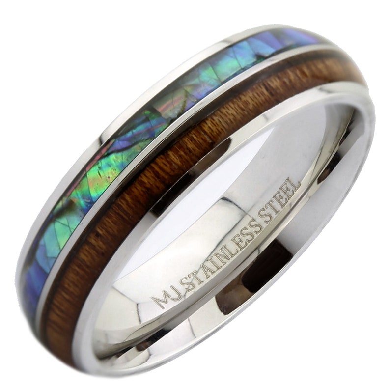 Stainless Steel Black Plated or Polished 6mm or 8mm Real Koa Wood and Abalone Inlay. FREE LASER ENGRAVING Polished 6mm