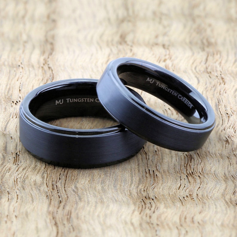 Brushed Tungsten Carbide Ring Wedding Band Polished Solid Black or Silver Edges Comfort Fit Free Engraving image 1