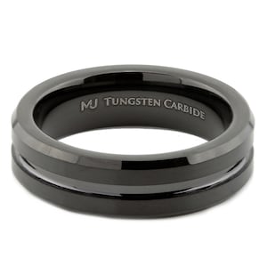 Black Plated Tungsten Carbide Wedding Ring 6mm or 8mm width brushed with polished edges and center groove. Custom Laser Engraving included image 6