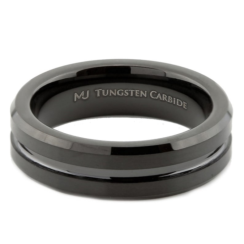 Black Plated Tungsten Carbide Wedding Ring 6mm or 8mm width brushed with polished edges and center groove. Custom Laser Engraving included image 6