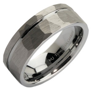 Tungsten Carbide Wedding Band brushed Hammered offset groove 8mm Ring Comfort fit. Free Laser engraving image 3