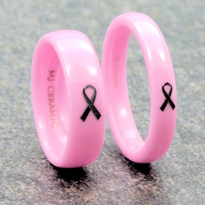 Pink Ceramic Breast Cancer Awareness Band with Engraved Ribbon 3, 4, 6 or 8mm Ring  + 5.00 donation to ACS