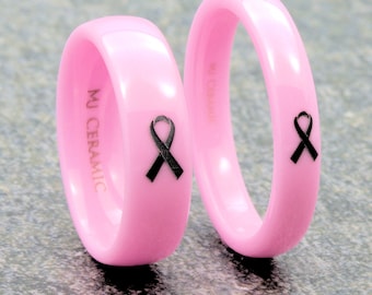 Pink Ceramic Breast Cancer Awareness Band with Engraved Ribbon 3, 4, 6 or 8mm Ring  + 5.00 donation to ACS