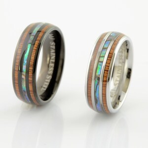 Stainless Steel Black Plated or Polished 6mm or 8mm Real Koa Wood and Abalone Inlay. FREE LASER ENGRAVING!