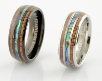 Stainless Steel Black Plated or Polished 6mm or 8mm Real Koa Wood and Abalone Inlay. FREE LASER ENGRAVING!