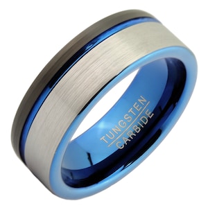 Brushed Part Black Plated Outside Blue Plated Inside with Blue Groove 8mm Tungsten Carbide Wedding Band Ring. Free Laser Engraving. image 1