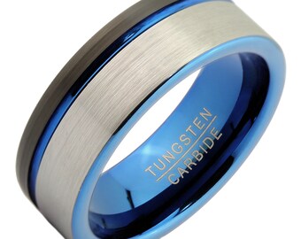 Brushed Part Black Plated Outside Blue Plated Inside with Blue Groove 8mm Tungsten Carbide Wedding Band Ring. Free Laser Engraving.