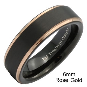 Black Tungsten Carbide Wedding Band Matte Finish with Gold, Rose Gold, Polished and Solid Black Edges Ring. 6mm or 8mm width FREE ENGRAVING 6mm-Rose Gold Edge