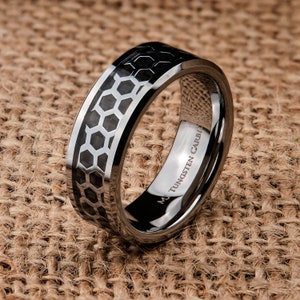 Tungsten Carbide Ring Hexagon over Black Carbon Fiber inlay Wedding Band 6mm or 8mm Comfort Fit FREE LASER ENGRAVING image 3