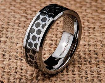 Tungsten Carbide Black Plated or Polished Wedding Band 6mm or 8mm Hexagon Pattern Over Black Carbon Fiber Inlay, FREE LASER ENGRAVING