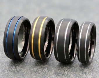 Tungsten Carbide Wedding Band Black Plated 2 Blue, Gold or Silver grooved Ring. FREE LASER ENGRAVING