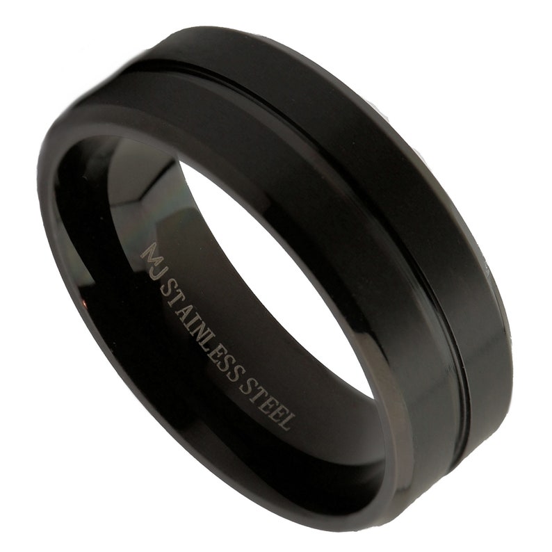 Black Plated Stainless Steel Brushed Style Ring Super Popular and Comfortable rounded edges 4, 6 or 8mm width 8mm Center Groove
