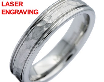 5mm White Tungsten Carbide Hammered Center Polished Edge Wedding Band Ring. Free Inside Laser Engraving