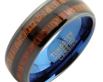 Real Koa Wood Inlay with Blue Plating Inside 8mm Tungsten Carbide Wedding Band Ring. Free Laser Engraving.