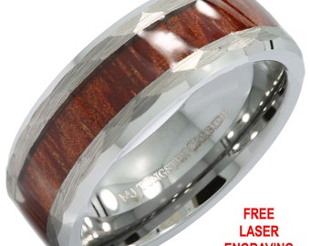 8mm Tungsten Carbide Koa Wood Inlay Hammered Inner Edge Wedding Ring. Free Inside Laser Engraving