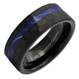 Men's Hammered Brushed Tungsten Carbide Sapphire Blue Wood Inlay Ring 8mm Comfort Fit, Free Engraving Black Hammered