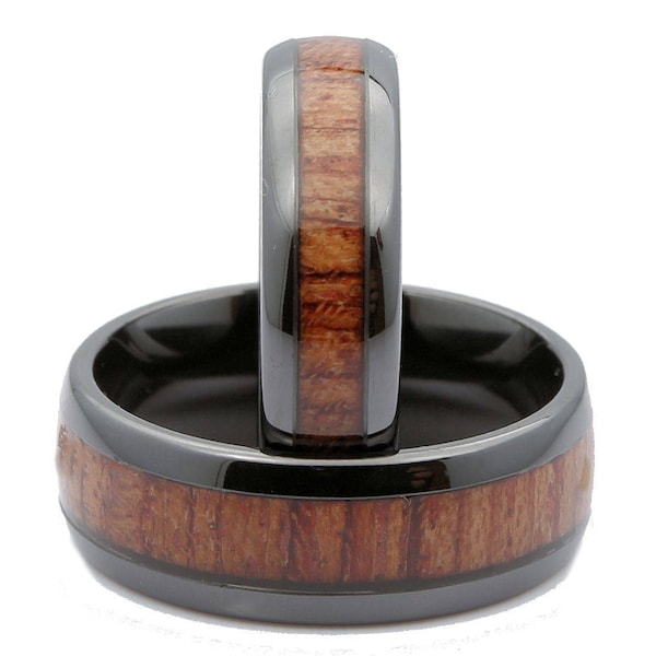 6mm or 8mm Black Ceramic Wedding Band, Inlay Made from Real Koa Wood