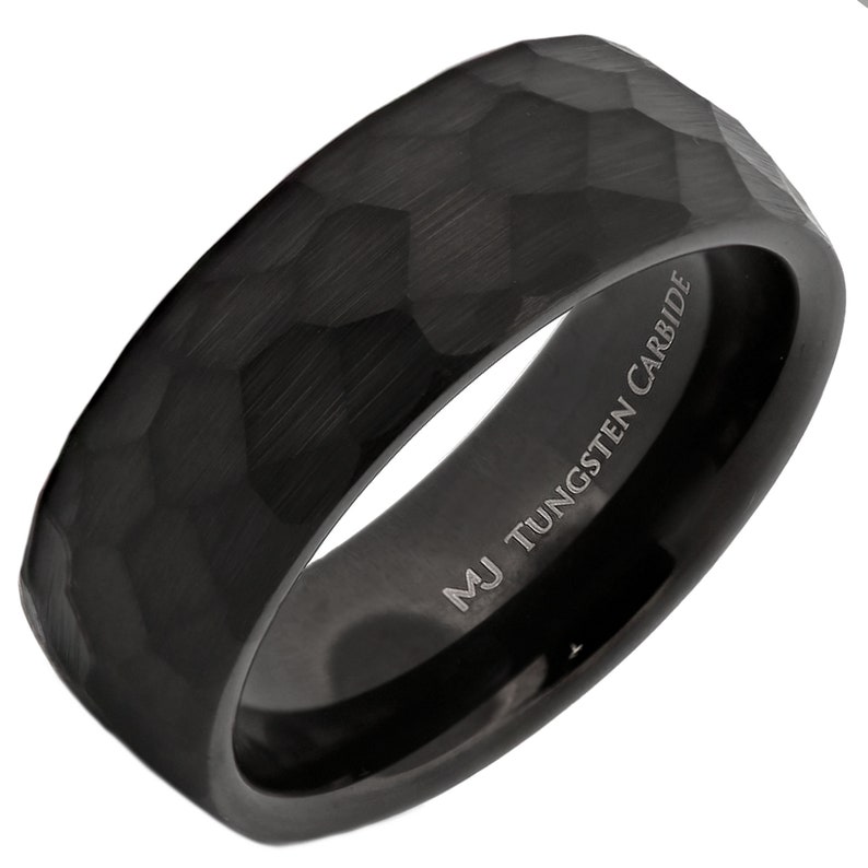 Tungsten Carbide 8mm Hammered Gold Plated or Black Obsidian Style Wedding Band, Comfort Fit, Laser Engraving included Black