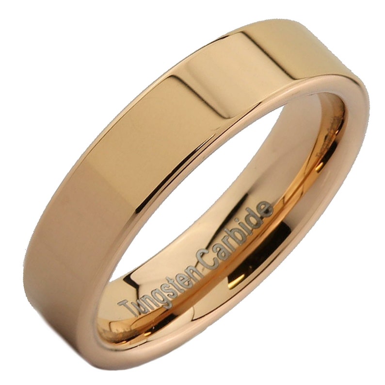 5mm Flat Pipe Cut Tungsten Carbide Mirror Polished Wedding Ring Band. Gold, Rose Gold and White Rose gold