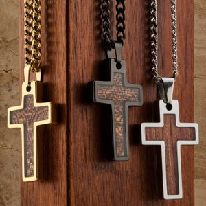 Tungsten Carbide Hawaiian Koa Wood Cross Pendant Necklace Stainless Steel Cuban Chain. Free Laser Engraving image 1