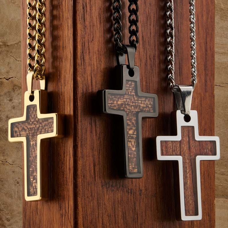 Tungsten Carbide Hawaiian Koa Wood Cross Pendant Necklace Stainless Steel Cuban Chain. Free Laser Engraving image 1