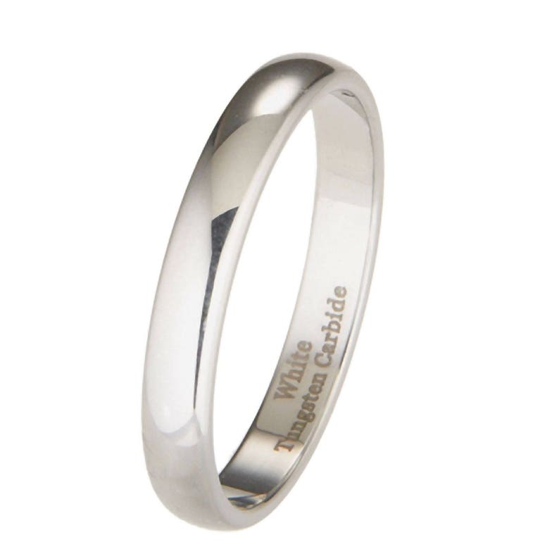 White Tungsten Carbide Ring Classic Mirror Polished Wedding Band Many widths available. Free Laser Engraving image 2
