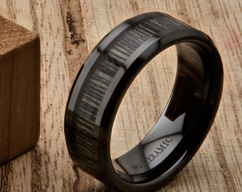 8mm Black Ceramic Ring, Inlay Made from Zebra Wood. Wedding Band