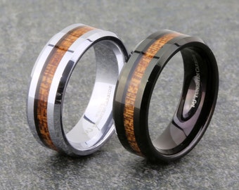 White or Black Tungsten Carbide 8mm Wedding Band with Real Koa Wood Inlay. FREE LASER ENGRAVING