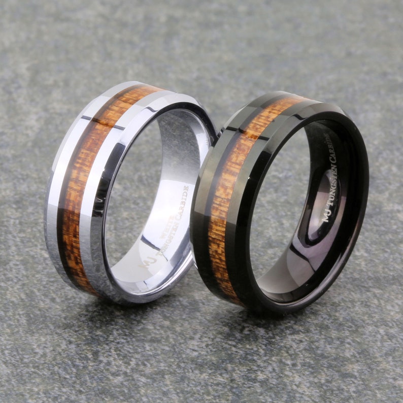 White or Black Tungsten Carbide 8mm Wedding Band with Real Koa Wood Inlay. FREE LASER ENGRAVING image 1