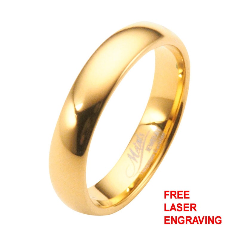 Various Width Gold Plated Polished Tungsten Carbide Wedding Ring Half Dome Band. Free Laser Engraving 4mm