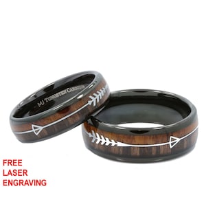 Koa and Pear Wood in Black Plated Tungsten Carbide Arrow Wedding Ring 6mm or 8mm widths available. Free Laser Engraving.