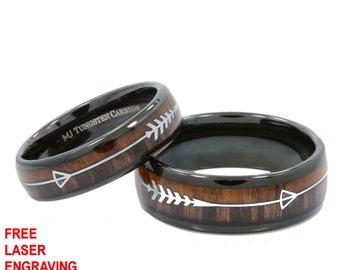 Koa and Pear Wood in Black Plated Tungsten Carbide Arrow Wedding Ring 6mm or 8mm widths available. Free Laser Engraving.